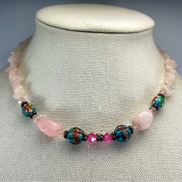 Unbranded Jewelry - Rose Quartz Cloisonné Flower Beaded Necklace Stunning Unsigned Gemstone Unique